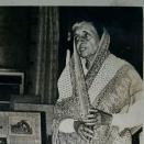 Former Prime Minister of India, Mrs. Indira Gandhi with batik painting of Shri Satish Joshi depicting Mrs. Gandhi's 20 - Point Programme.